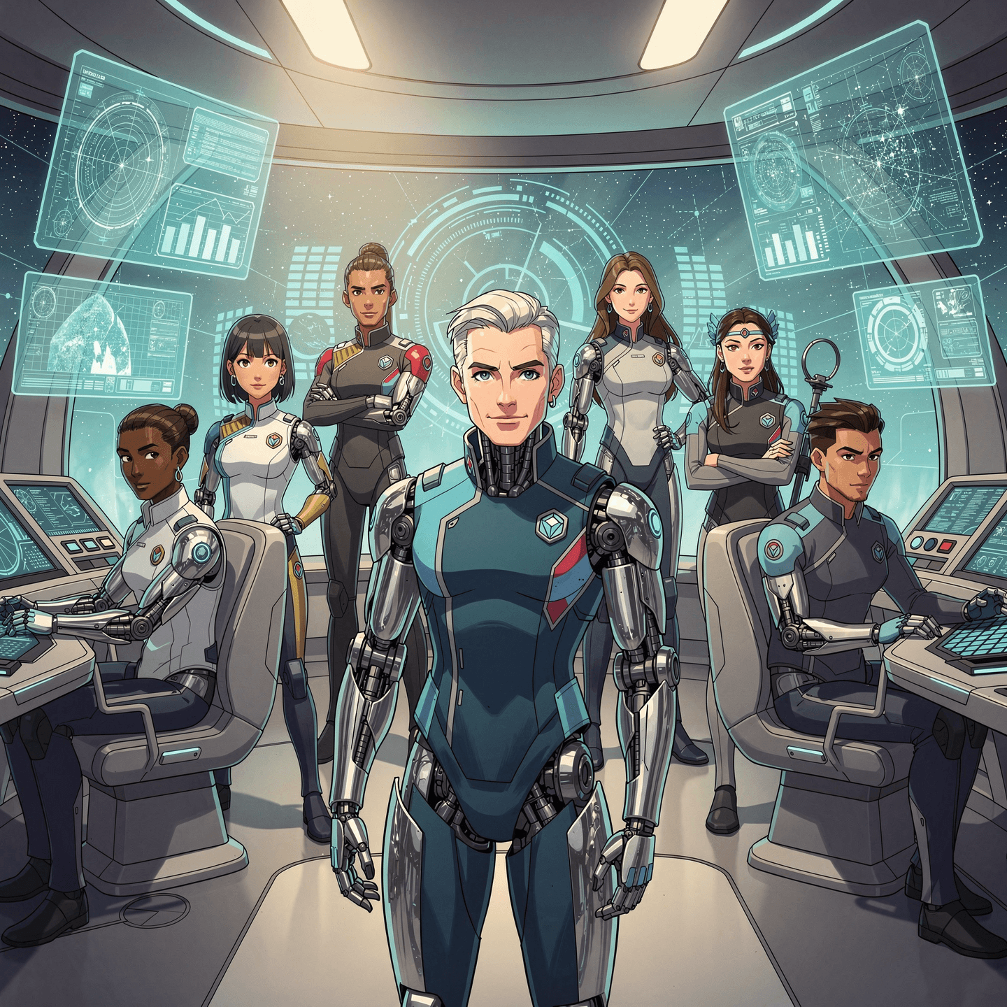The Pro specialist team standing together in front of a futuristic AI command interface