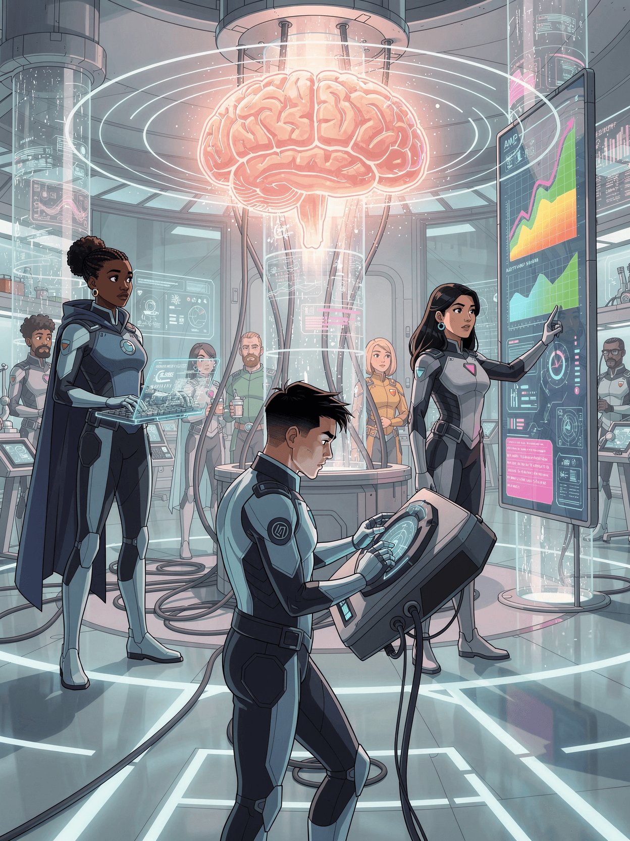 Ship — a futuristic AI command room with team members orchestrating an extended intelligence