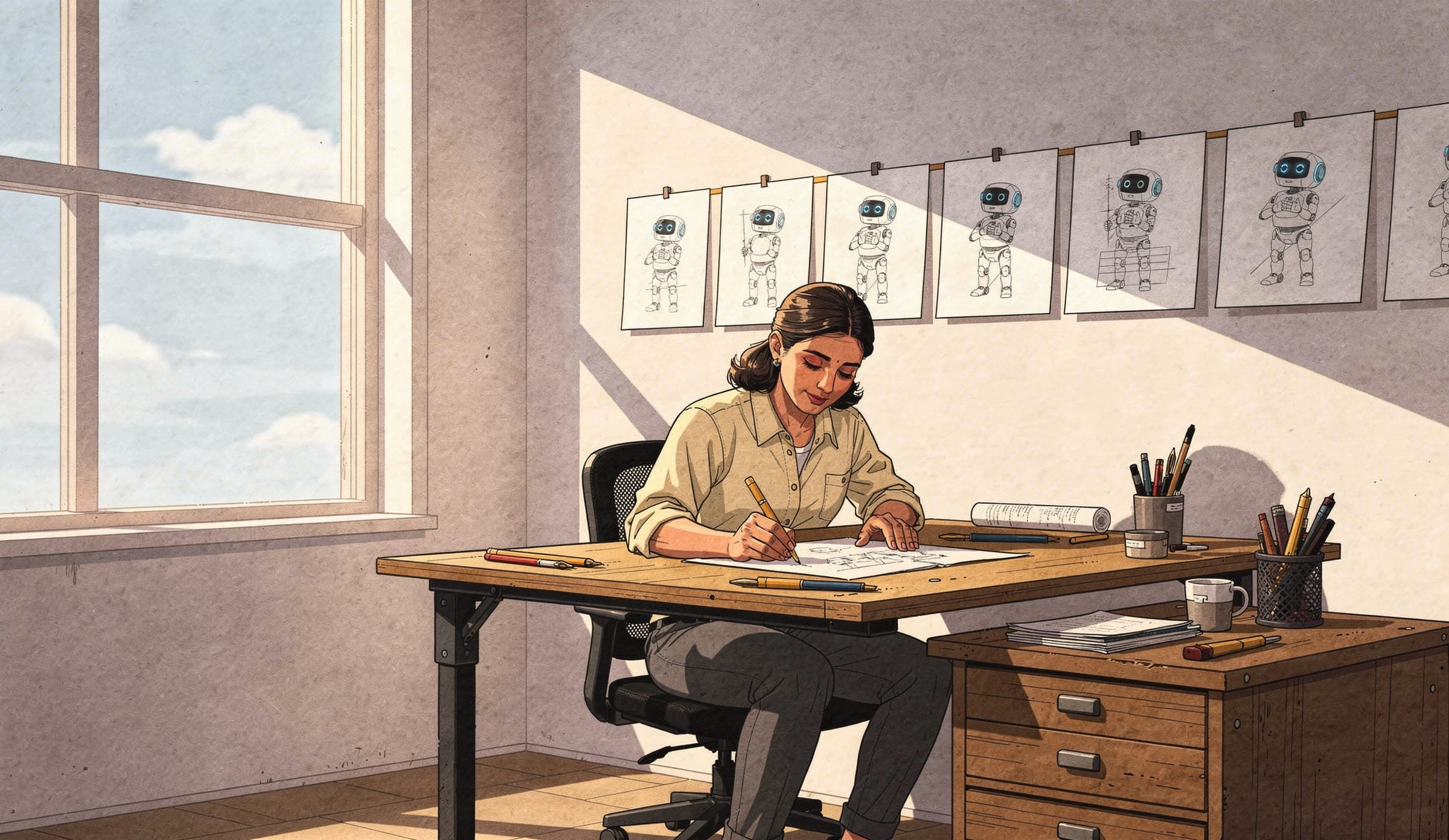 A practitioner at a drafting desk, the operation's sketches pinned above